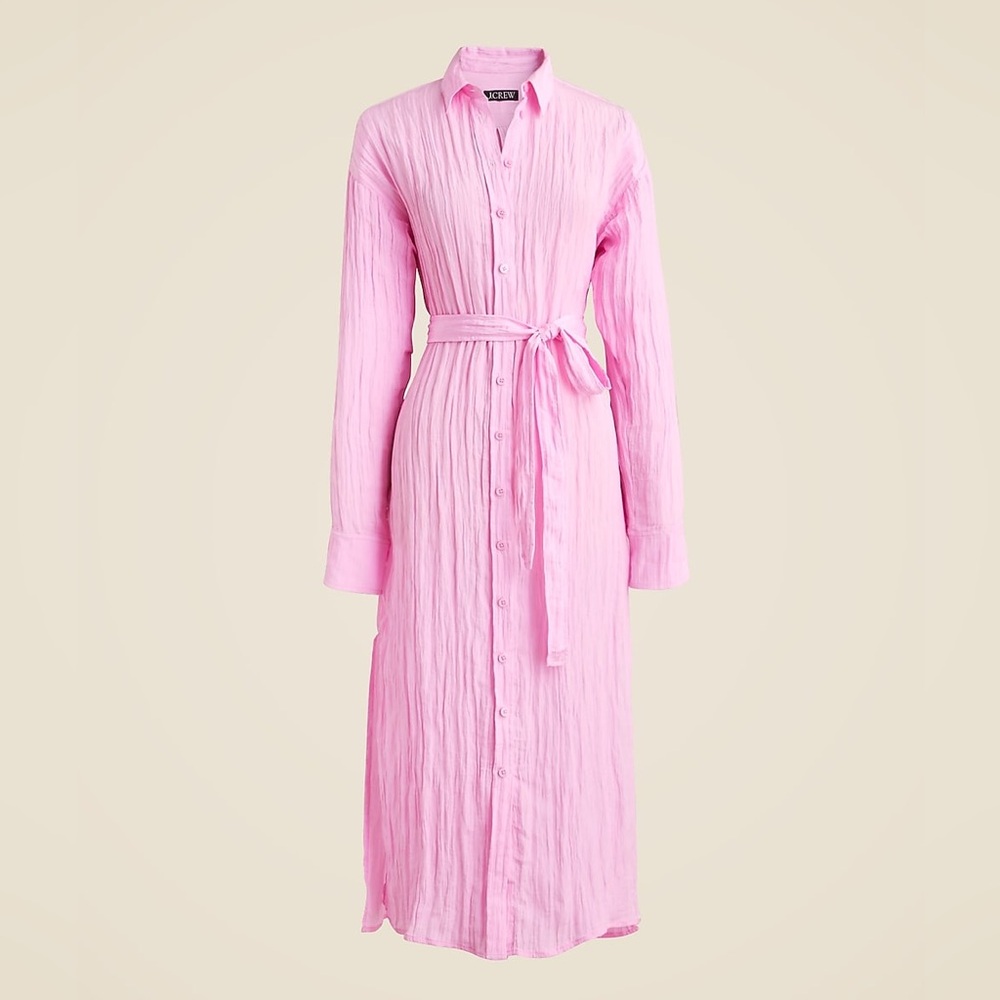 J.Crew Belted Midi Shirt-Dress in Washed Nylon Pink